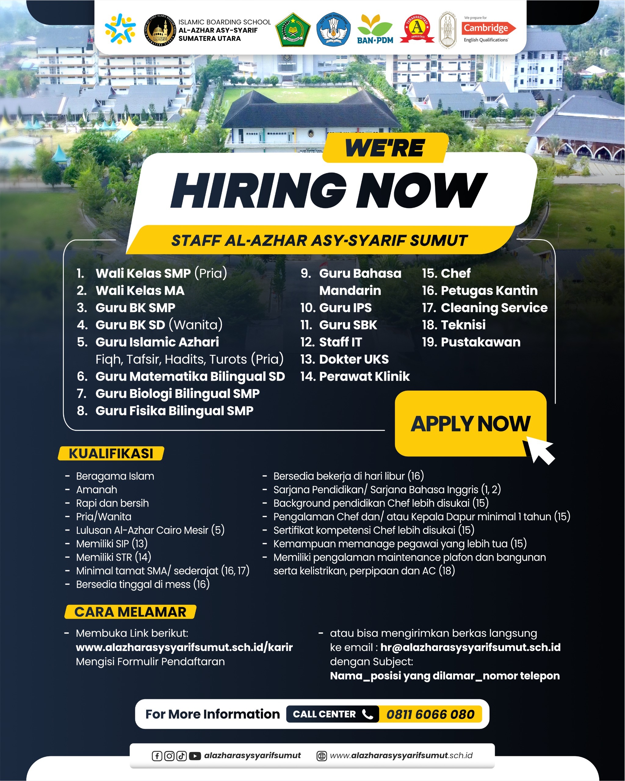 Daftar Sekarang! 19 Lowongan di Sekolah Islam Al-Azhar Asy-Syarif Sumut